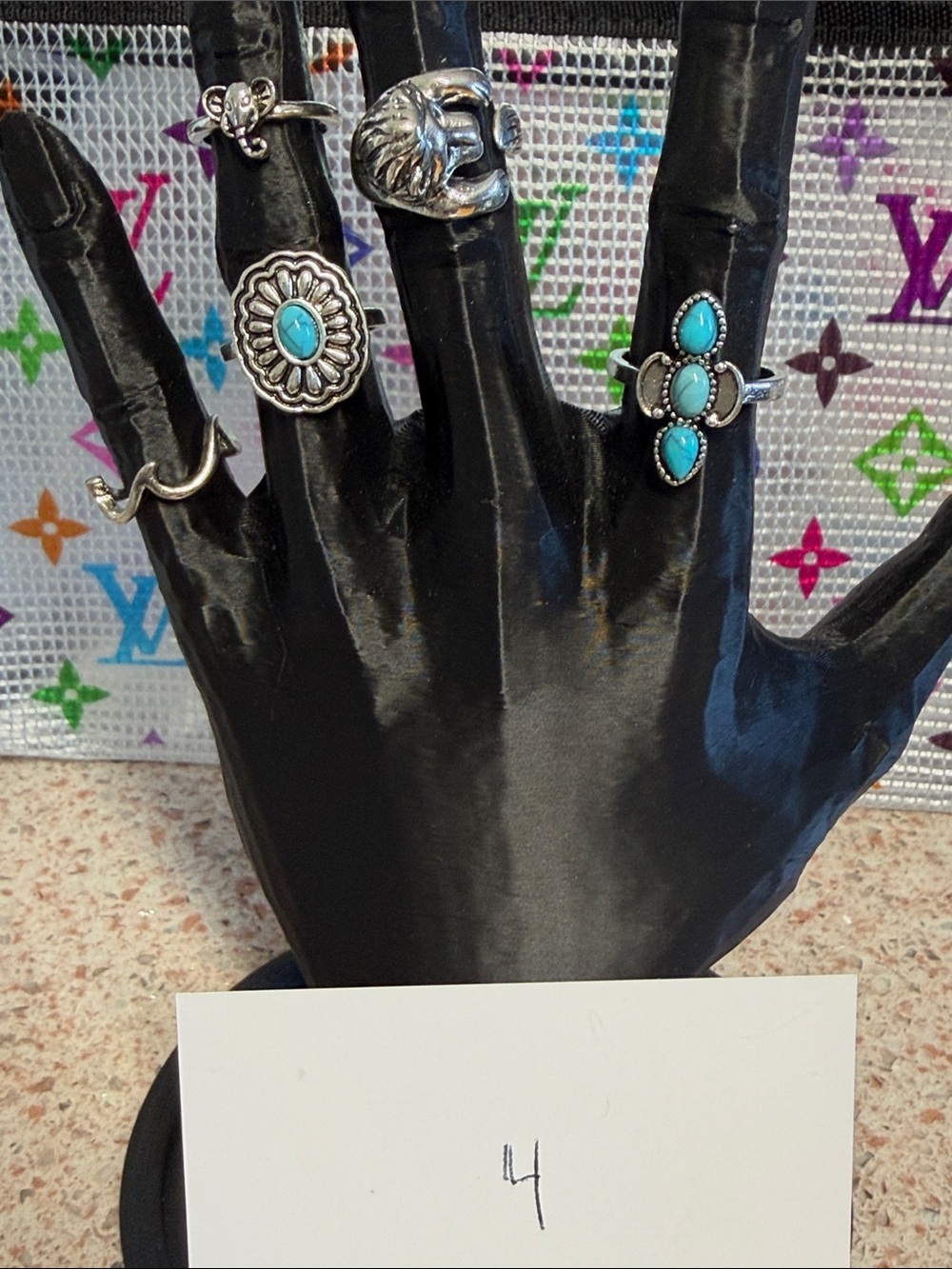 Turquoise Stone Silver Tone Cluster Ring - Women Jewelry
